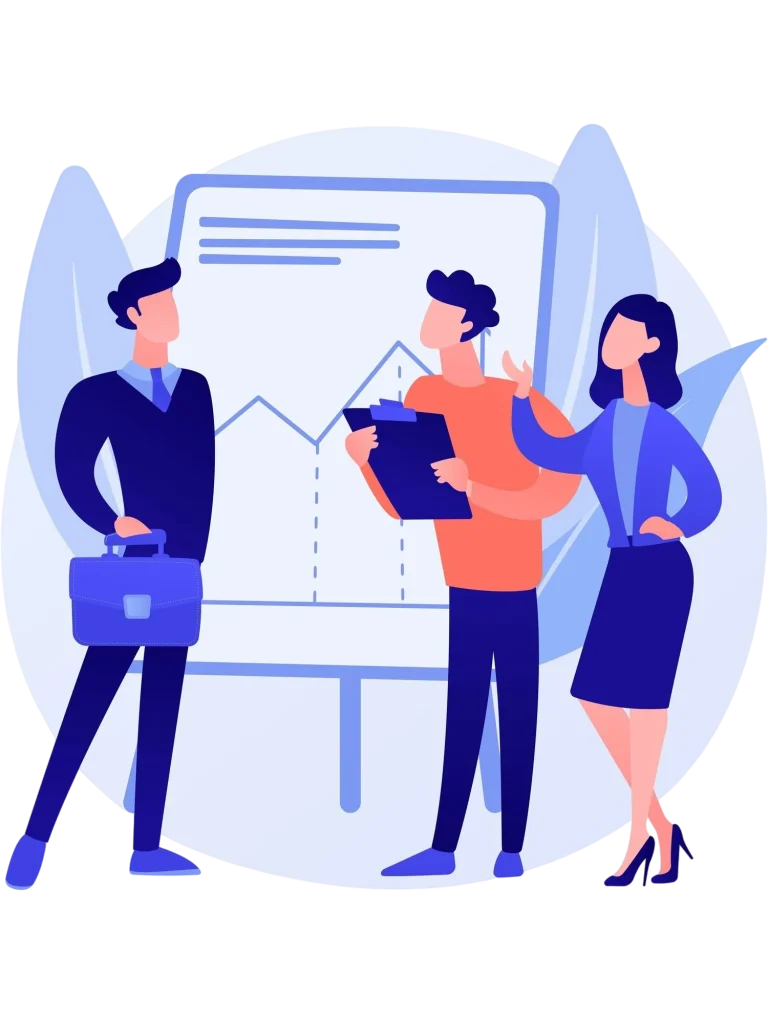 Drei Personen präsentieren Daten vor einem Diagramm auf einem Flipchart.